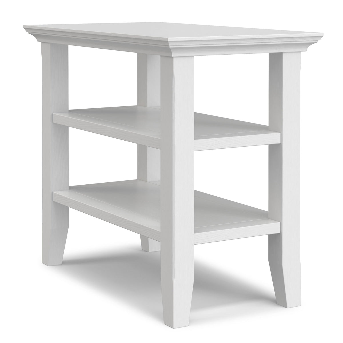 White narrow side table with 3 open shelves and straight legs