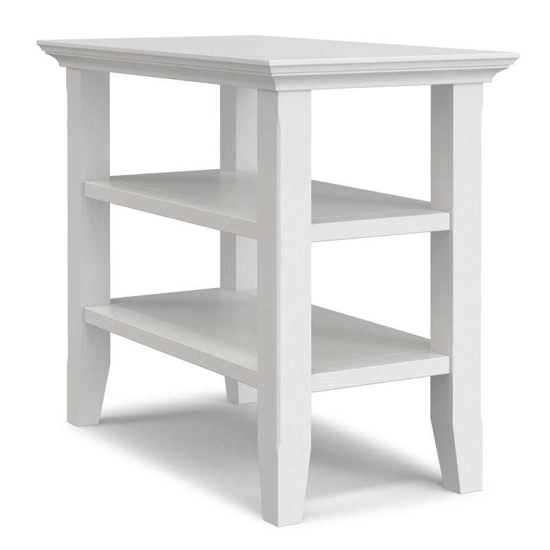 White narrow side table with 3 open shelves and straight legs