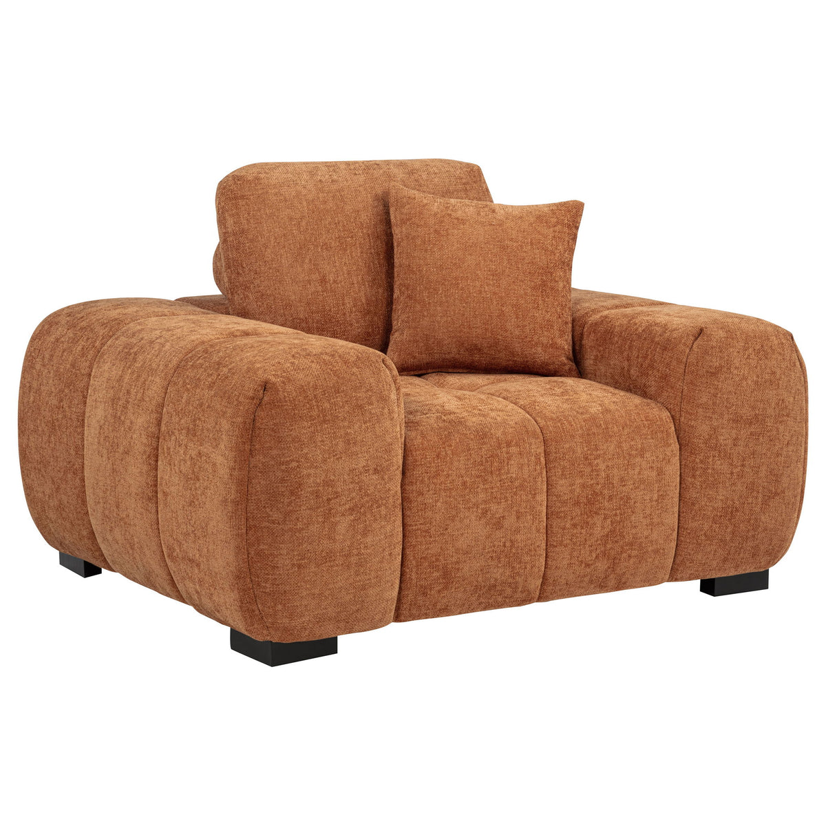 Light brown track arm accent chair with cushioned back and rounded arms