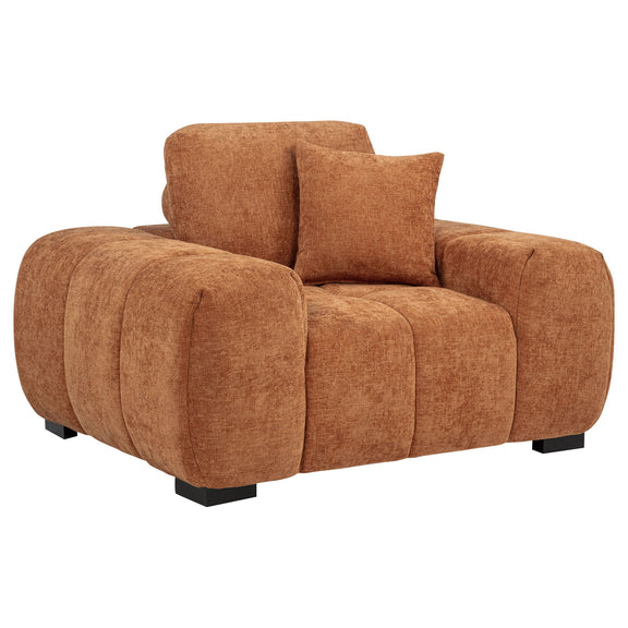 Light brown track arm accent chair with cushioned back and rounded arms