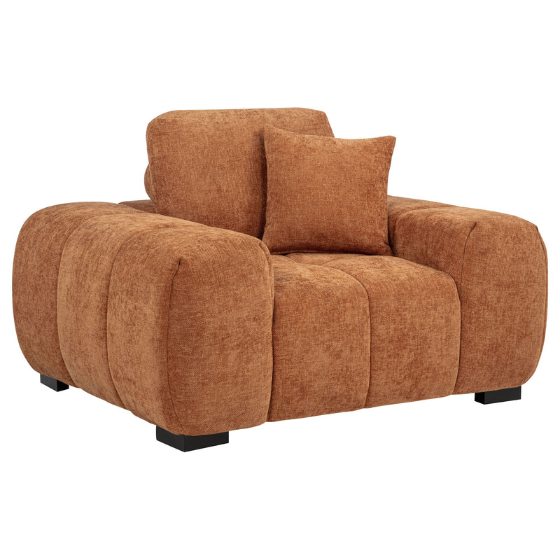 Light brown track arm accent chair with cushioned back and rounded arms