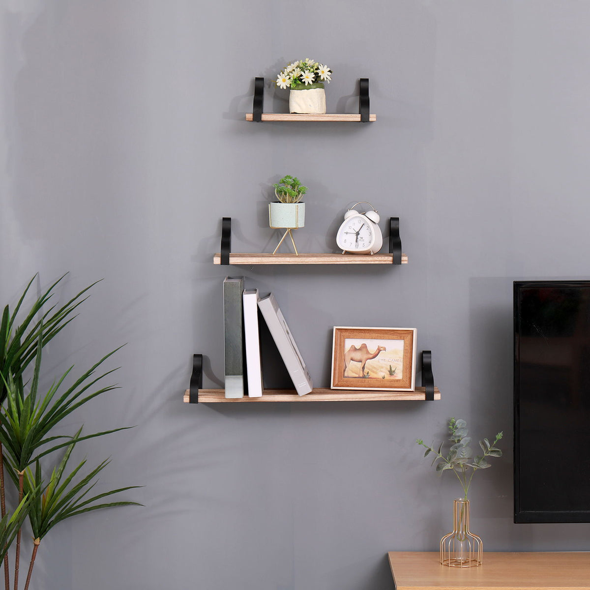 Floating Shelves, Long Wall Shelves (Set of 3), Wall Mounted Shelves & Brackets For Bedroom - Natural Wood