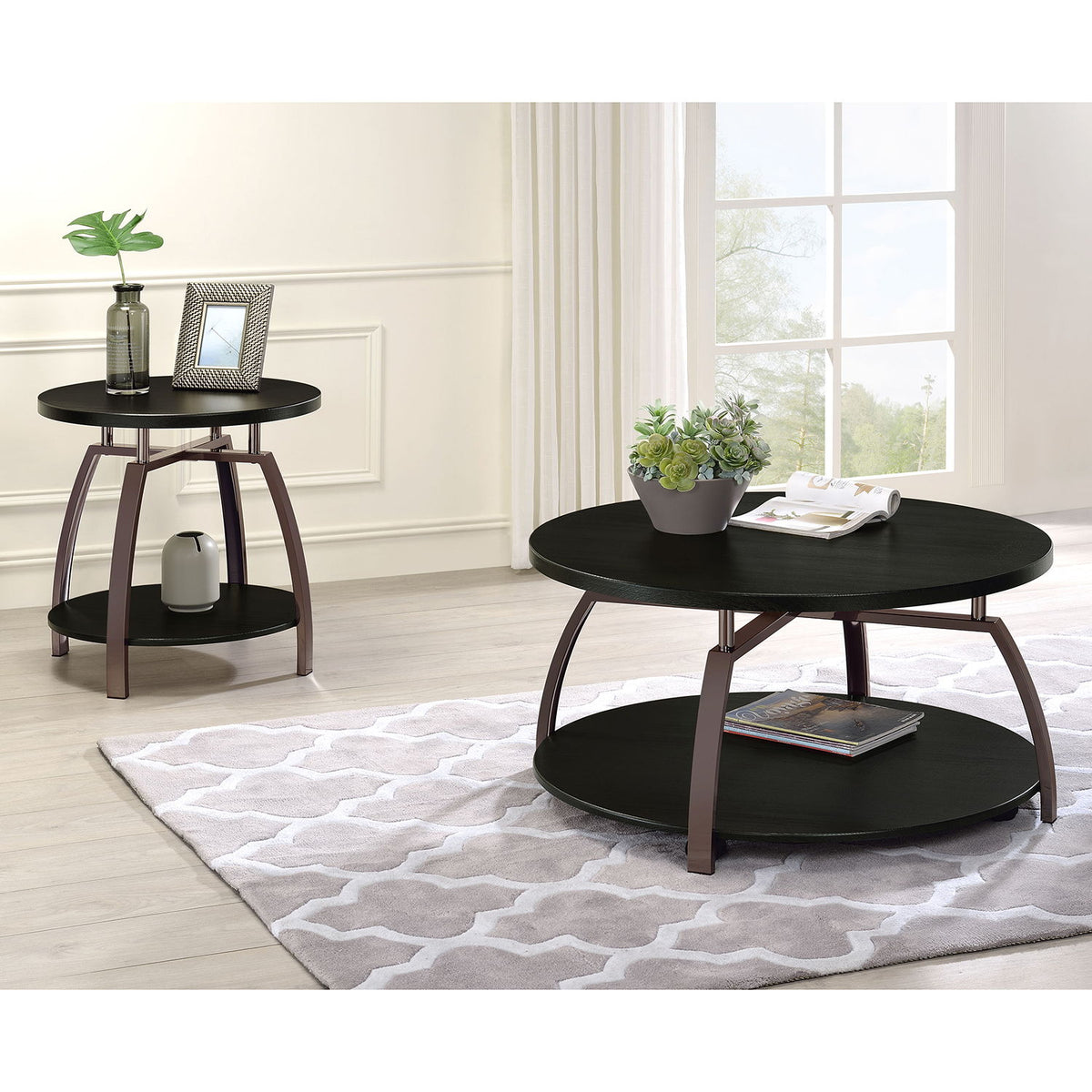 Charcoal round coffee table set with two-tier round shelves and tapered legs