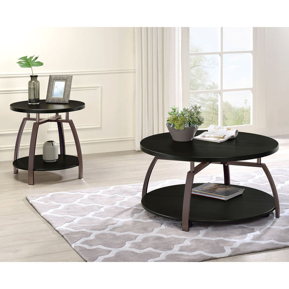 Charcoal round coffee table set with two-tier round shelves and tapered legs