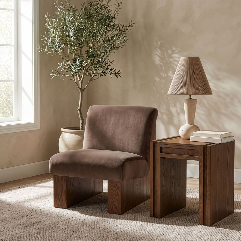 Vantage velvet performance accent chair, taupe fabric with dark wood base and curved arms