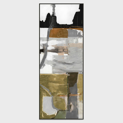 Abstract wall painting in dark frame with gold, gray, white, and black brushstrokes