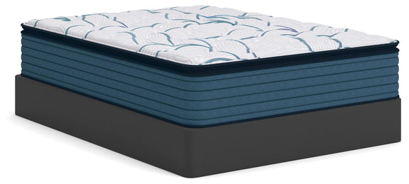 Limited edition plush PT 3.0 mattress with white top, blue leaf pattern, dark base panel