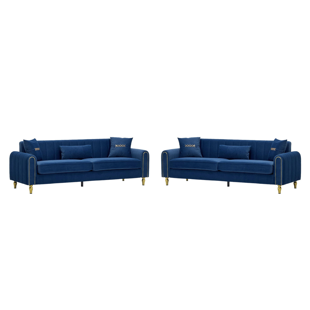 Two blue three-seat sofas with channel-tufted arms, cushions, and gold-tone feet