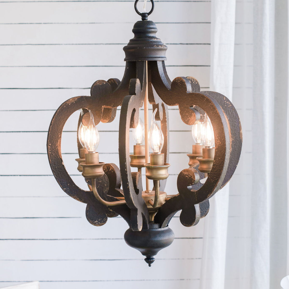 Farmhouse Chandelier, 6 Light Wood Chandelier Pendant Light Fixture With Adjustable Chain For Dining Room Living Room Entryway, Bulb Not Included