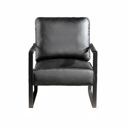 Accent chair with square black metal arms, dark gray upholstered seat and backrest