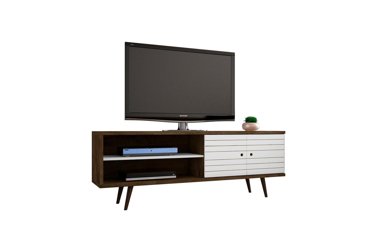 63-inch TV stand with rustic brown open shelves, white drawers, and tapered legs