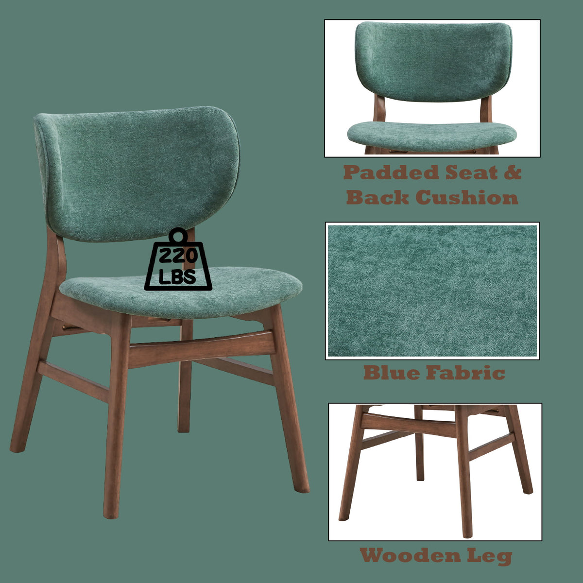 Dark green upholstered dining chair with padded seat and back cushion, wooden legs