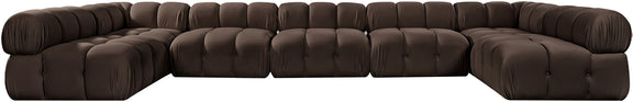 Dark brown modular U-shaped sectional sofa with tufted cushions and curved corner blocks