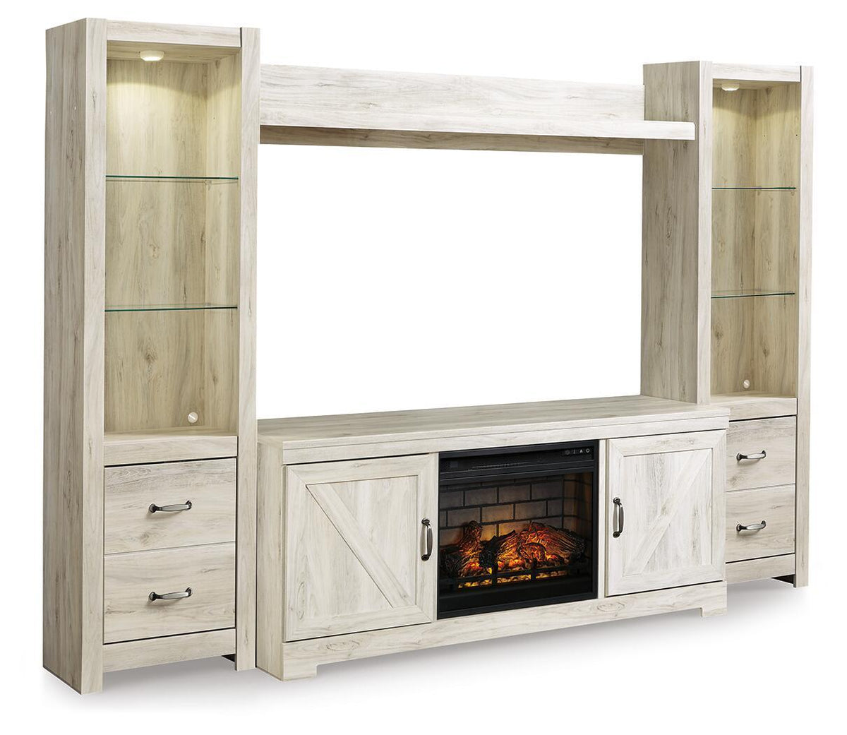 Whitewash entertainment center with faux firebrick fireplace insert and open side shelves