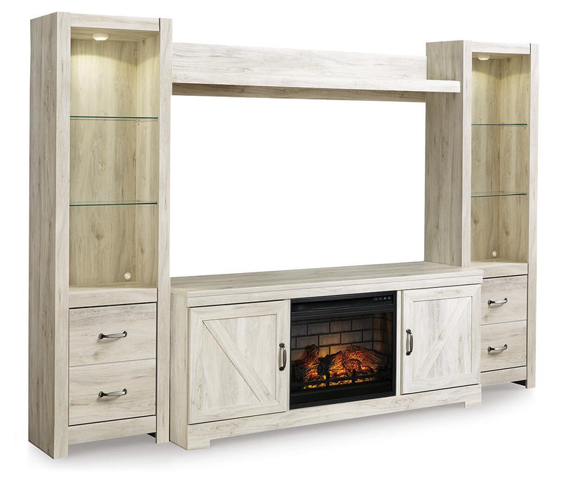 Whitewash entertainment center with faux firebrick fireplace insert and open side shelves