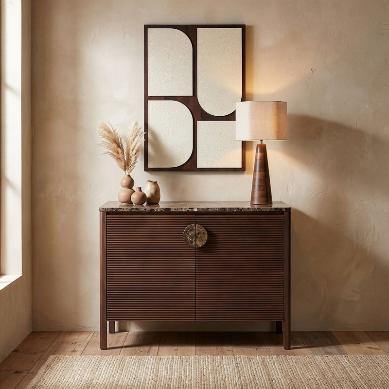 Varenna acacia wood sideboard in dark brown with two doors and central round knob