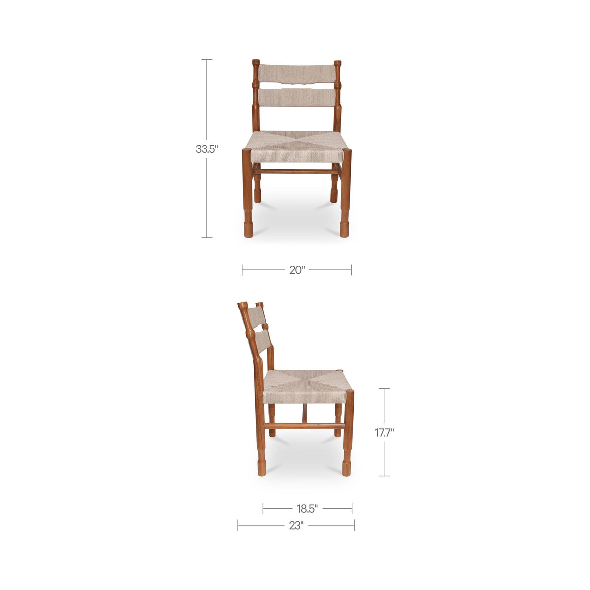 Natural wooden outdoor dining chair with beige woven seat, shown with size dimensions