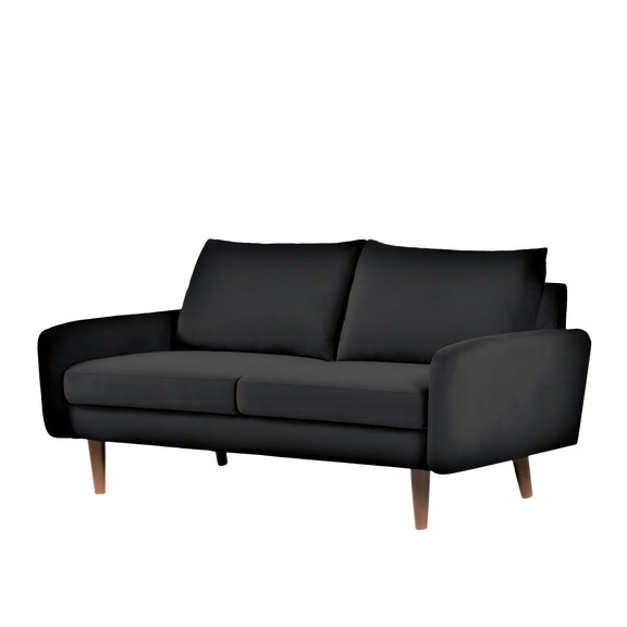 Kent 2-seat loveseat sofa with black upholstery, two back cushions, and wooden legs