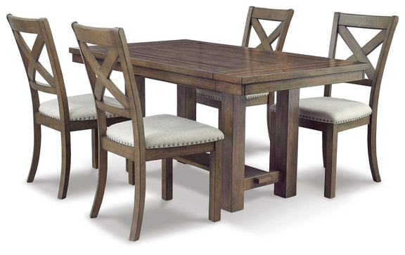 Rectangular dining extension table in dark gray-brown wood with four armchairs