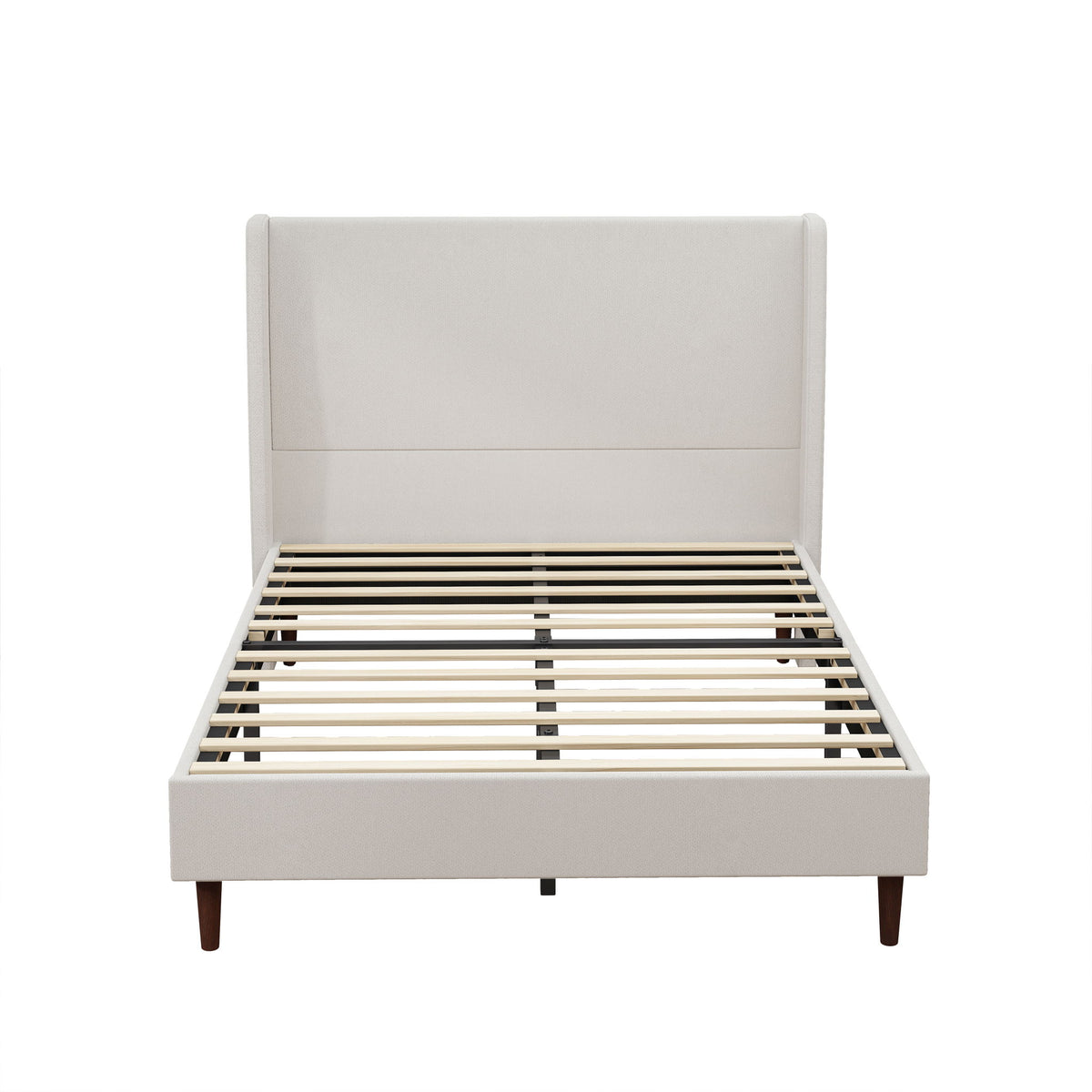 Beige upholstered bed frame with high headboard and exposed wood slats