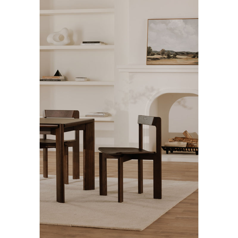 Walnut dining chair with open square back and dark wood seat and straight legs