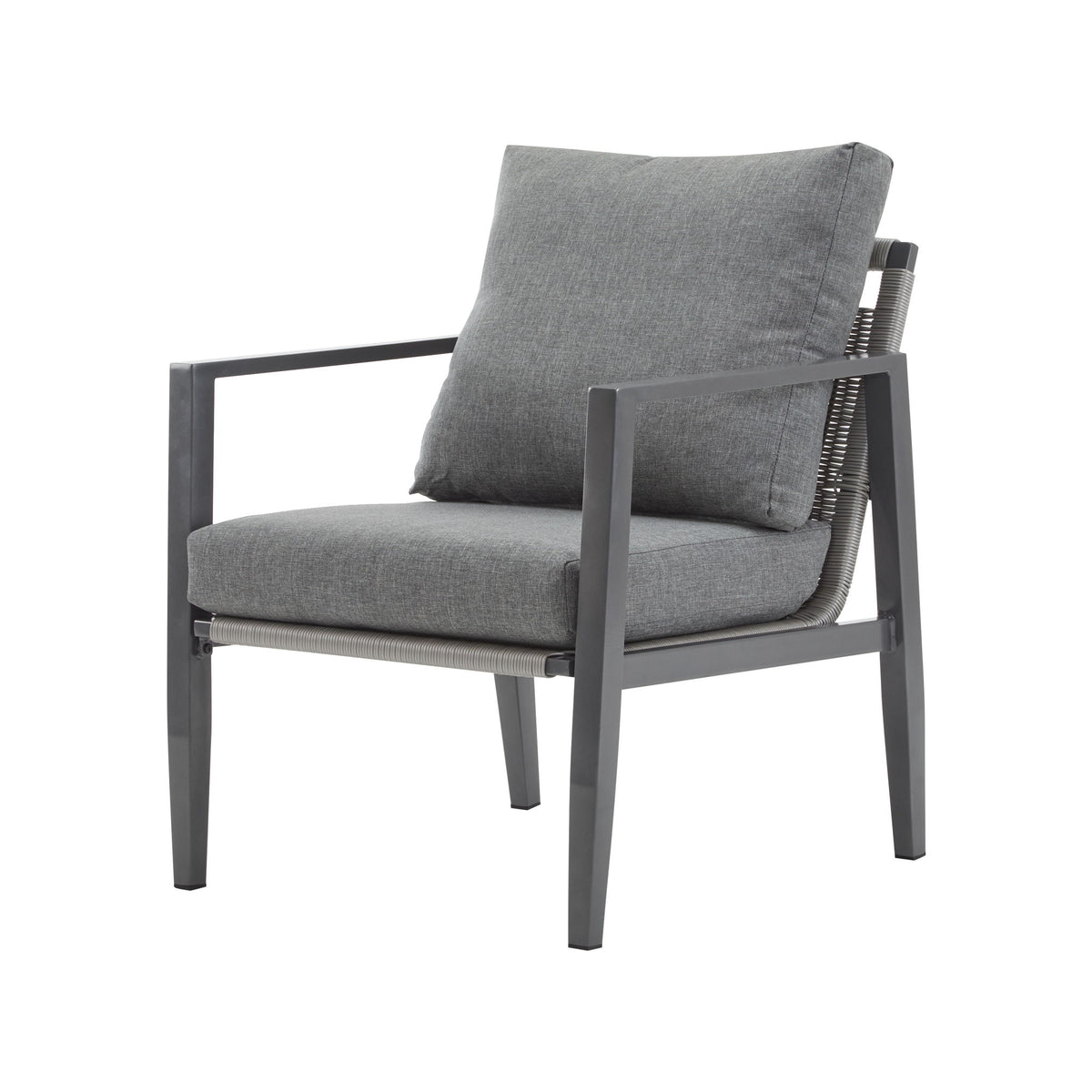 Dark gray lounge chair with rope accent detail and square seat and back cushions