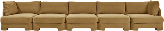 Tan velvet upholstered sectional sofa with modular seats and raised armrests