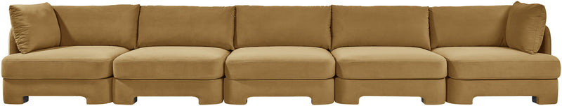 Tan velvet upholstered sectional sofa with modular seats and raised armrests