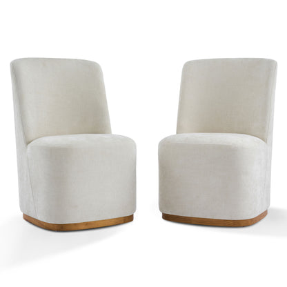 Set of 2 upholstered dining chairs, light beige fabric with curved wooden base