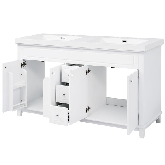 White bathroom vanity with double sinks, 3 drawers, 4 cabinet doors, open storage