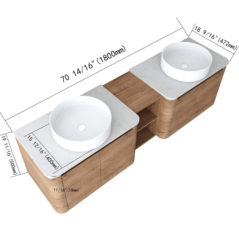 Bathroom vanity with two white vessel sinks, open center shelf, and size dimensions shown