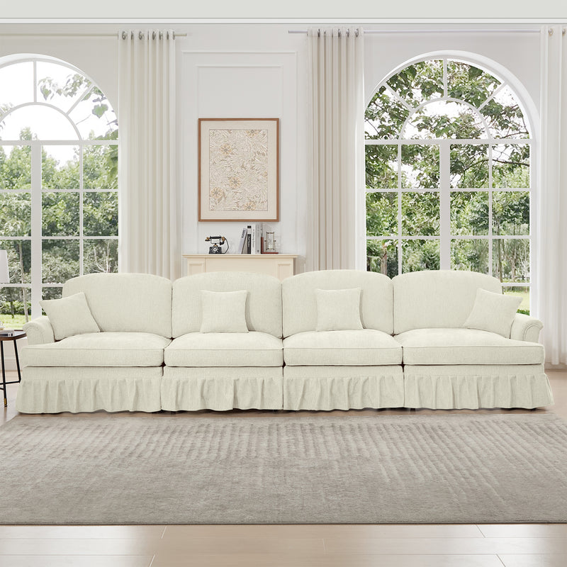 4-Seater Mid-Century Chenille Sofa - Beige Chenille