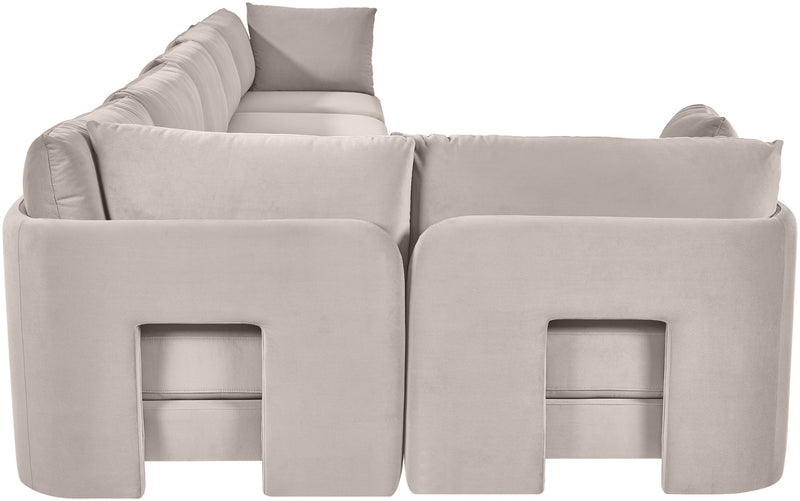 Light gray velvet upholstered L-shaped sectional with 6 pieces and arm cushions