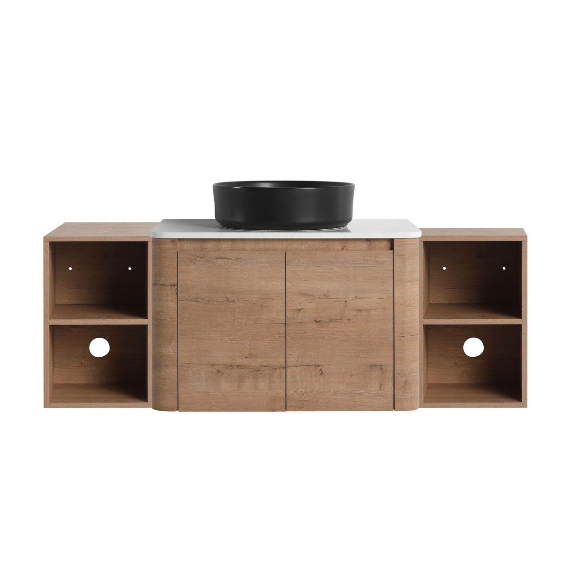 Bathroom vanity with black vessel sink, central cabinet door, and two side open shelves