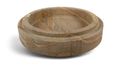 Light brown sandstone bowl with swirling stone grain, round low profile.
