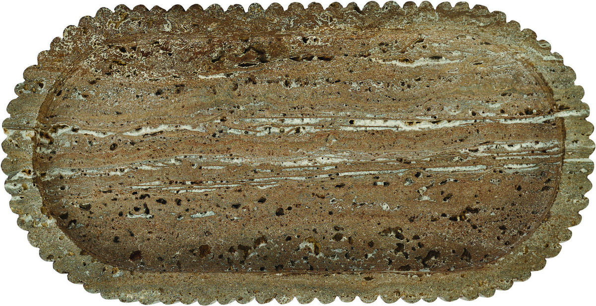 Travertine tray in dark speckled brown with scalloped edges