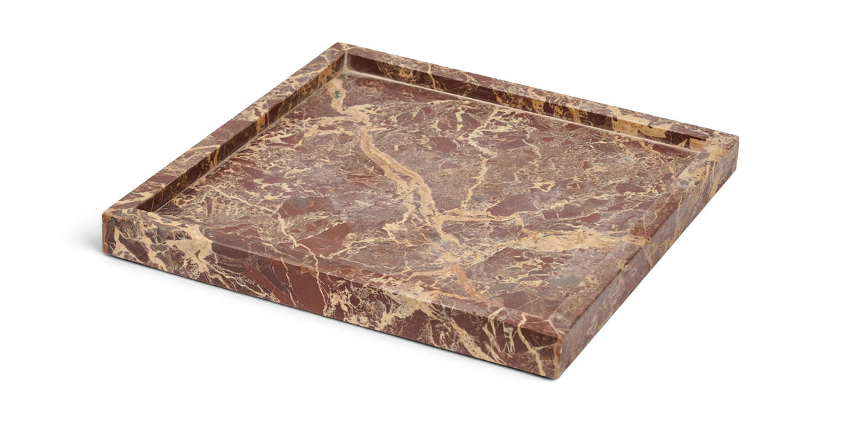 Rectangular beige marble tray with brown speckled veining and raised rim.
