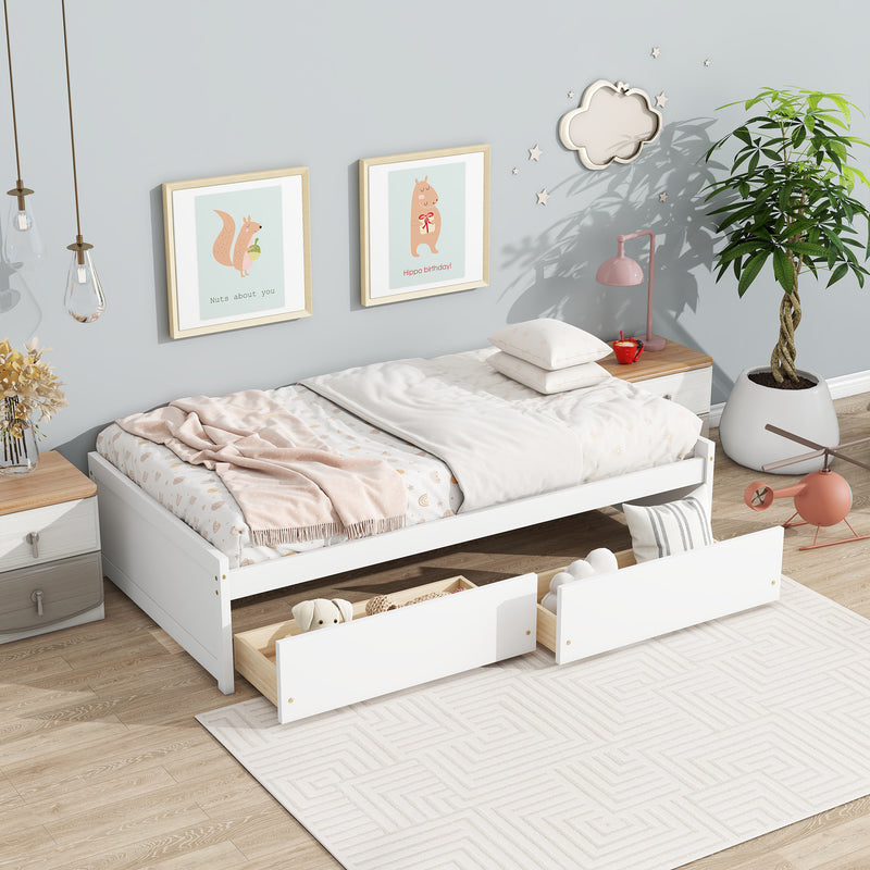 Twin Size Bed with 2 Drawers, Solid Rubber Wood Bed, White