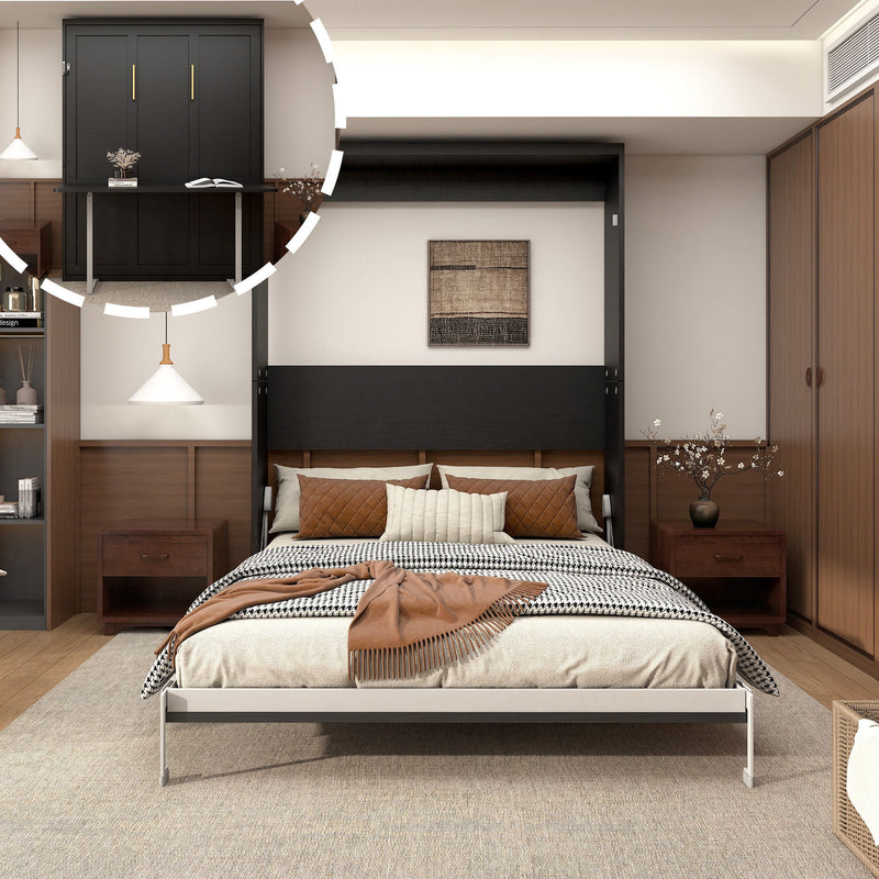 Vertical Murphy wall bed with closed front panel, built-in side cabinets and storage, queen bed.