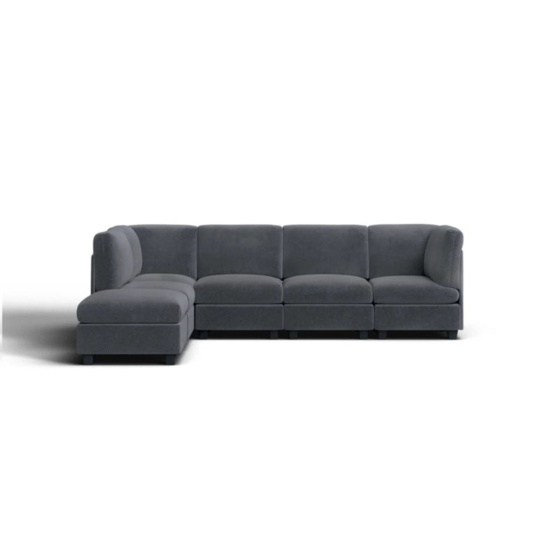 Dark gray upholstered modular sectional sofa with corner chaise and ottoman