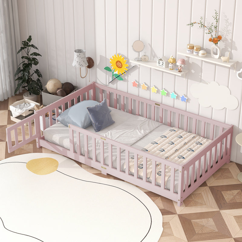 Twin Size Floor Bed with Fence and Door, Rubber Wood Floor Bed with Safety Guardrails, Pink