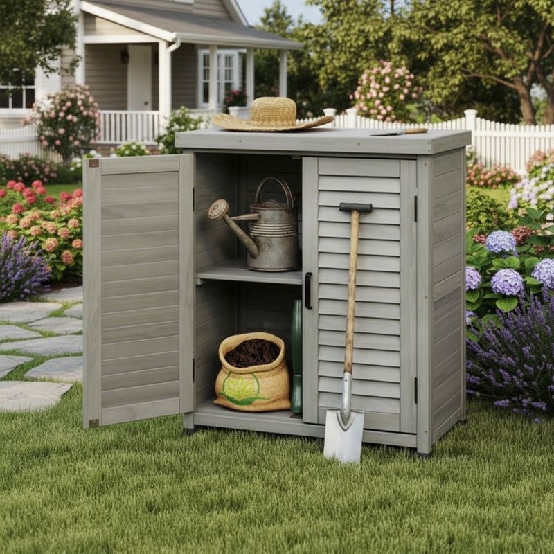 Potting Bench With Storage Cabinet And Metal Table Top For Outdoor