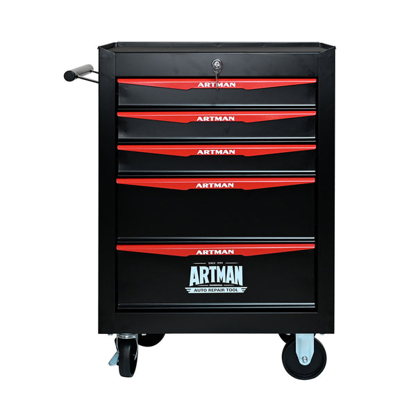 Rolling tool chest with drawers, black steel cabinet with red striped fronts and caster wheels