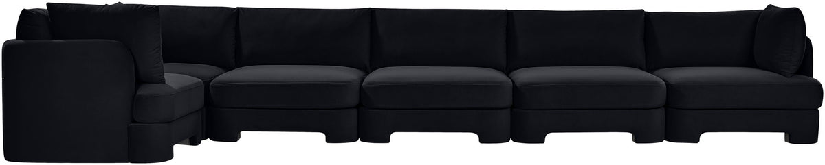 Black velvet upholstered L-shaped sectional sofa set with 6 pieces, side view