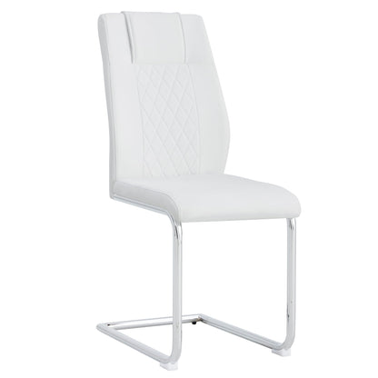 White padded dining chair with diamond-stitch back, armless design, chrome metal legs.