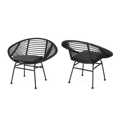 Outdoor woven wicker chair set of 2 with dark gray cushions and black metal legs