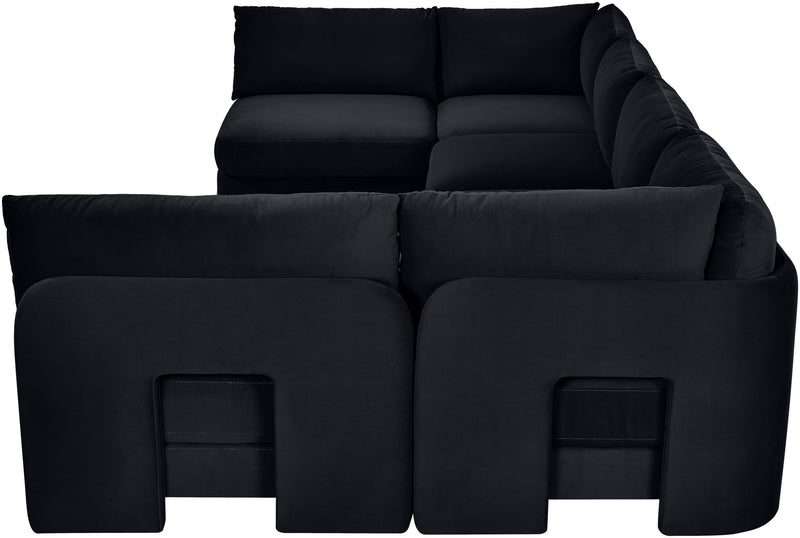 Black velvet armless sectional sofa detail with squared seat and back panels