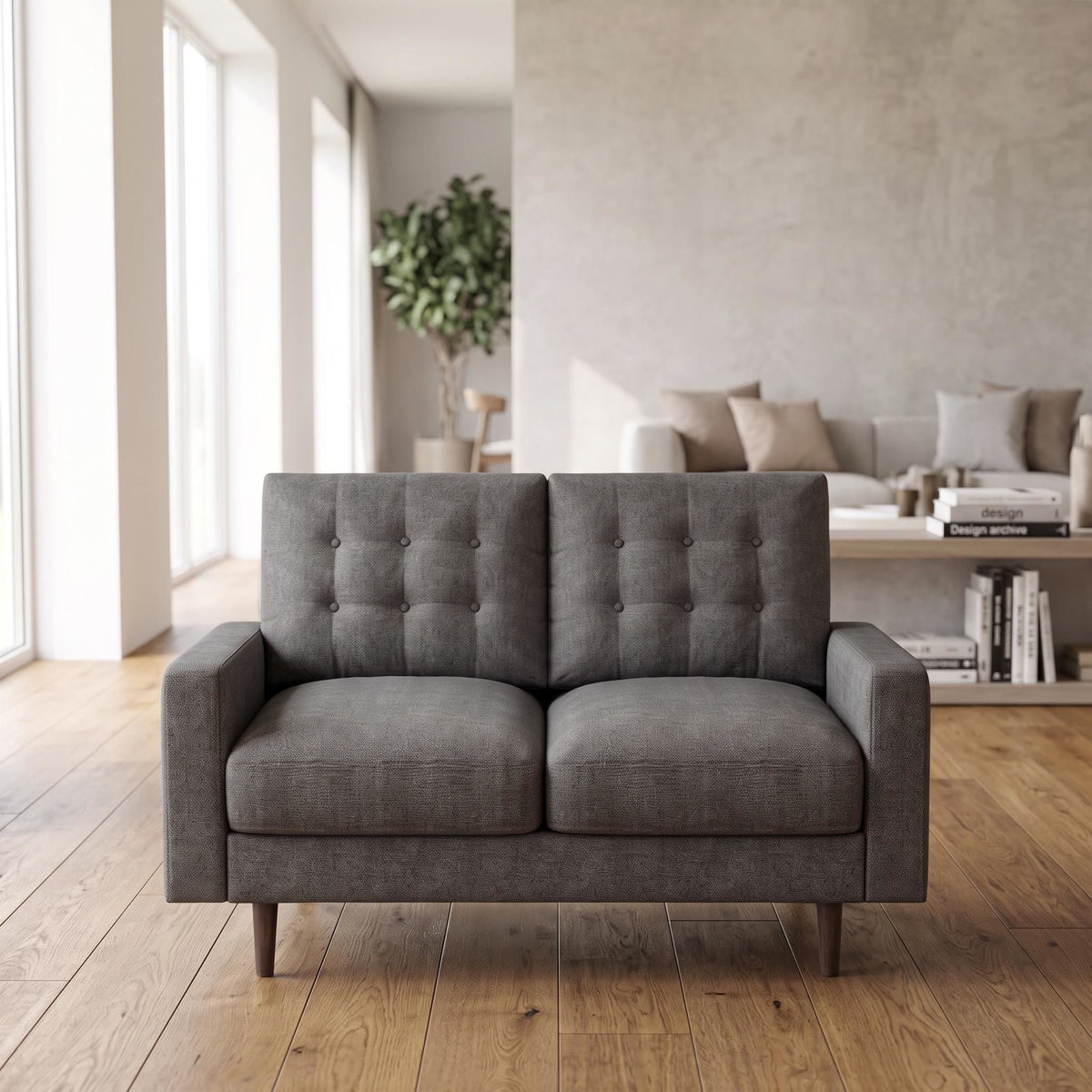 Dark gray two-seat loveseat sofa with tufted back, padded arms, and tapered wooden legs
