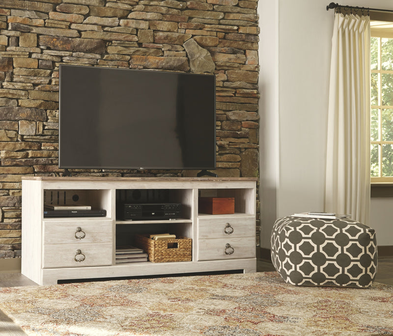 Willowton - 2 Pc. - 64" TV Stand with Faux Firebrick Fireplace Insert - Whitewash