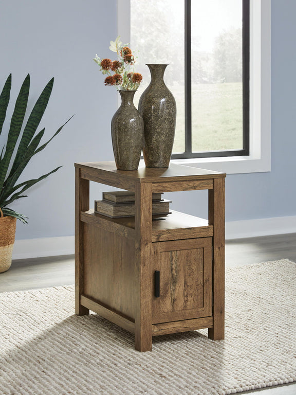 Chair side end table in warm light brown wood with open shelf and cabinet door